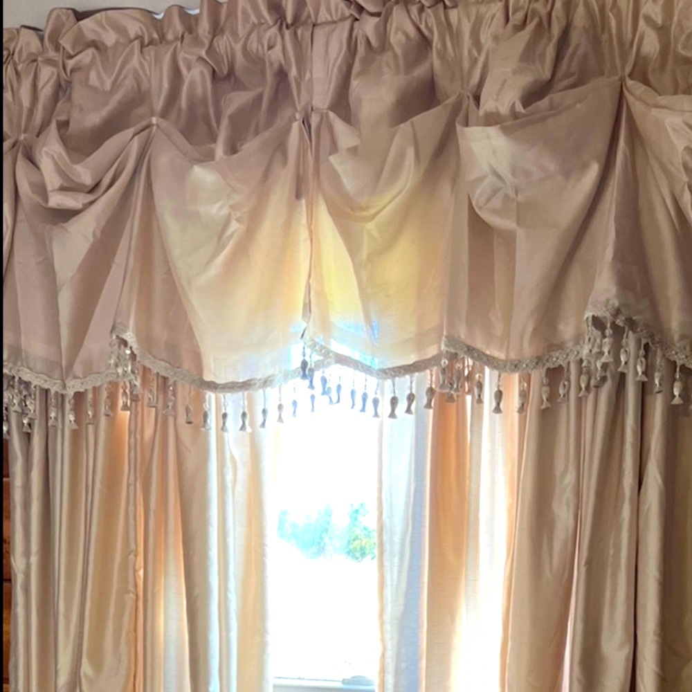 #2- (4) 50”W x 96”H Lined Curtains & (3) Valances-Cream Ivory Neutral drapes